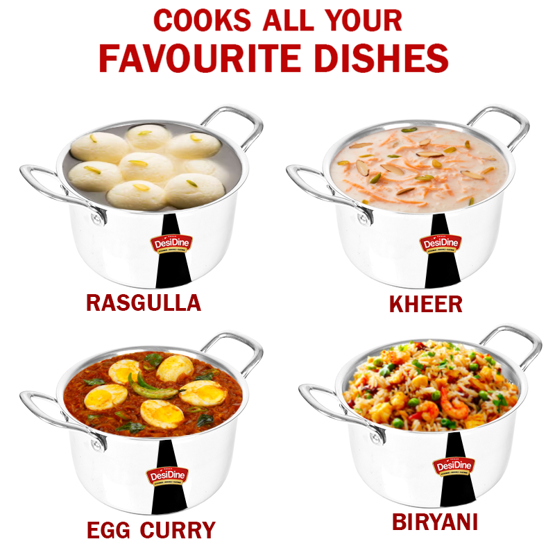 DesiDine Stainless Steel Triply Sauce Pot/ Biryani Pot With Glass lid
