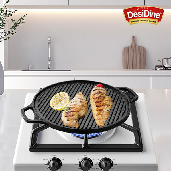 DesiDine Pre-Seasoned Cast Iron 2 in 1 Griddle Pan With Silicon Handle Grip (30 cm Diameter)