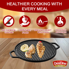 DesiDine Pre-Seasoned Cast Iron 2 in 1 Griddle Pan With Silicon Handle Grip (30 cm Diameter)