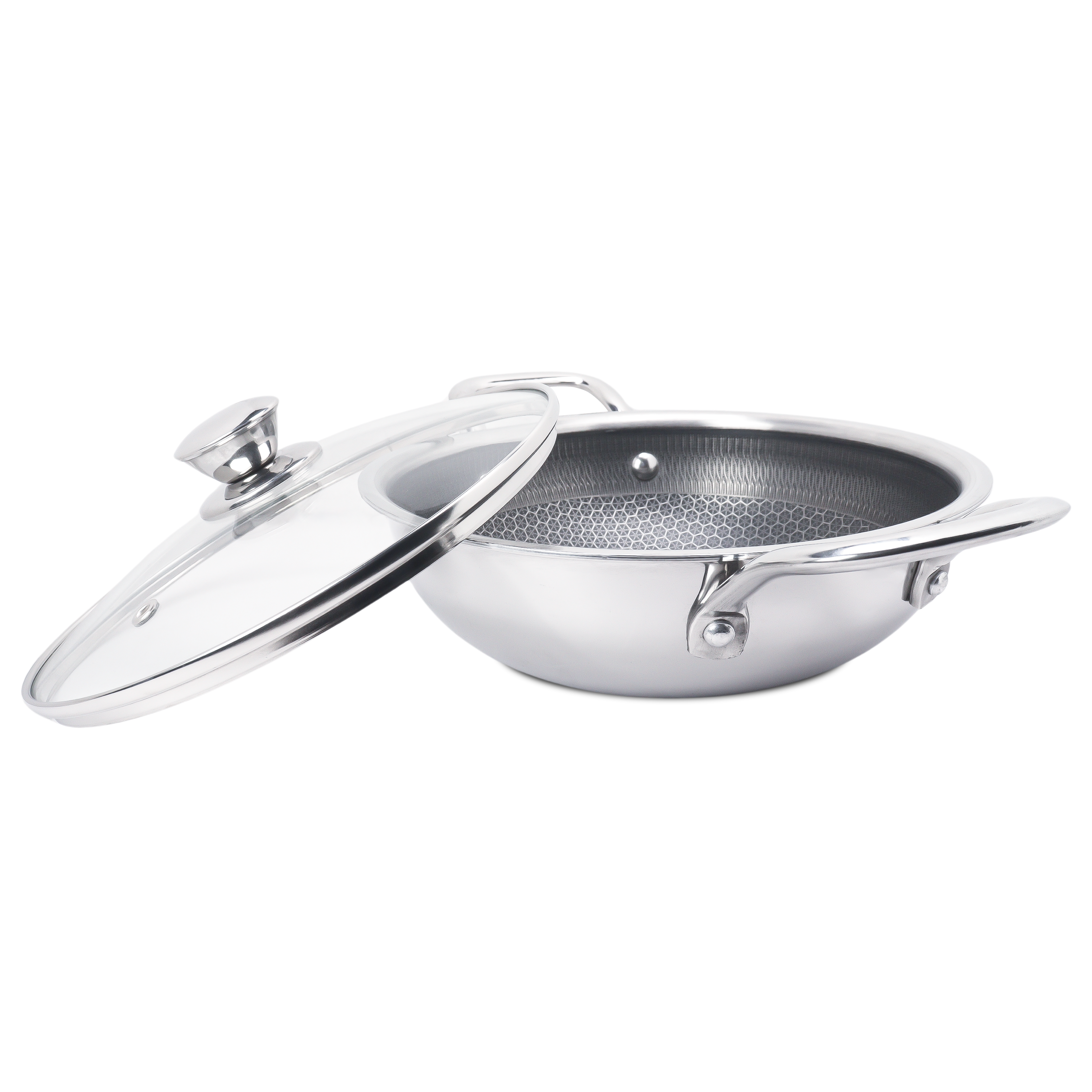 DesiDine Triply Stainless Steel Honeycomb Kadai with Glass Lid