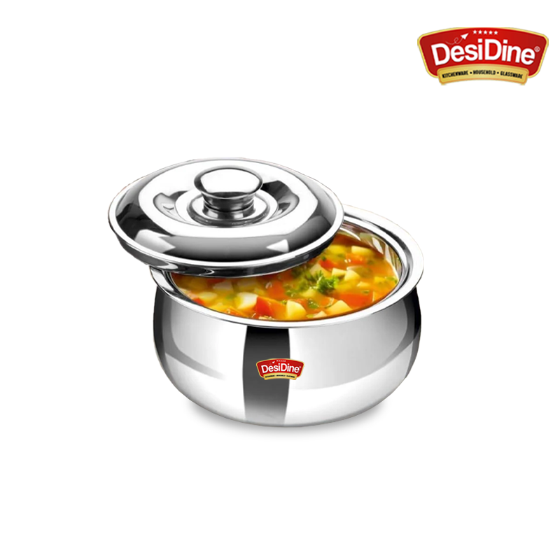 DesiDine Double Wall Stainless Steel Belly Shape Casserole, Insulated Thermal Serving Bowl