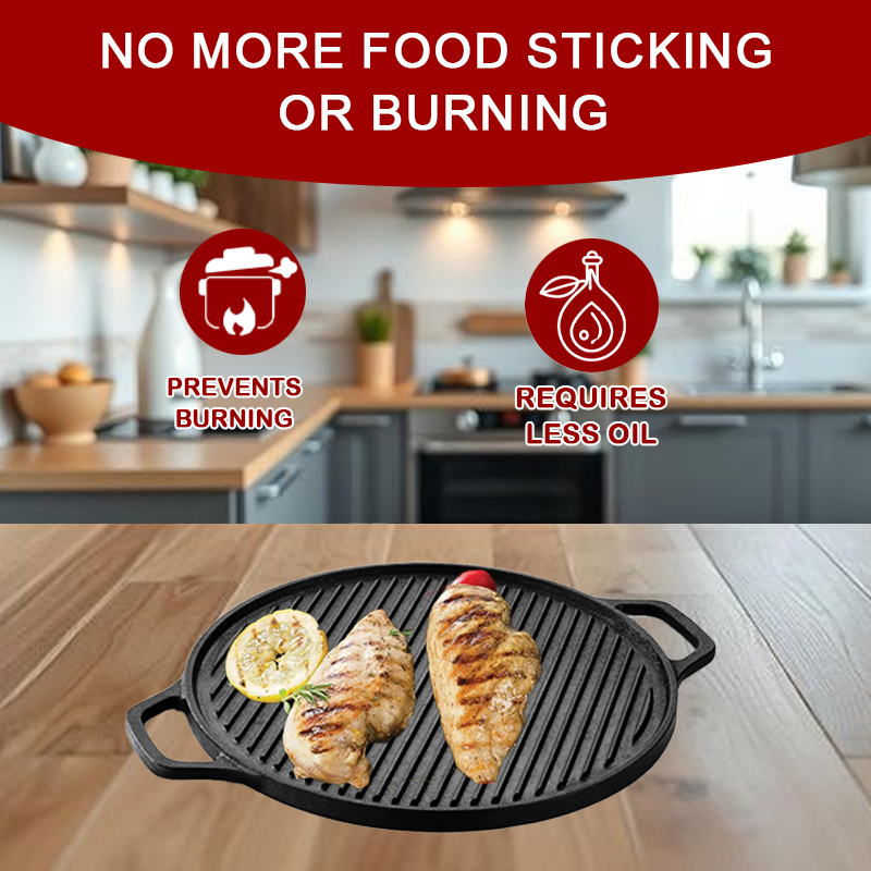 DesiDine Pre-Seasoned Cast Iron 2 in 1 Griddle Pan With Silicon Handle Grip (30 cm Diameter)
