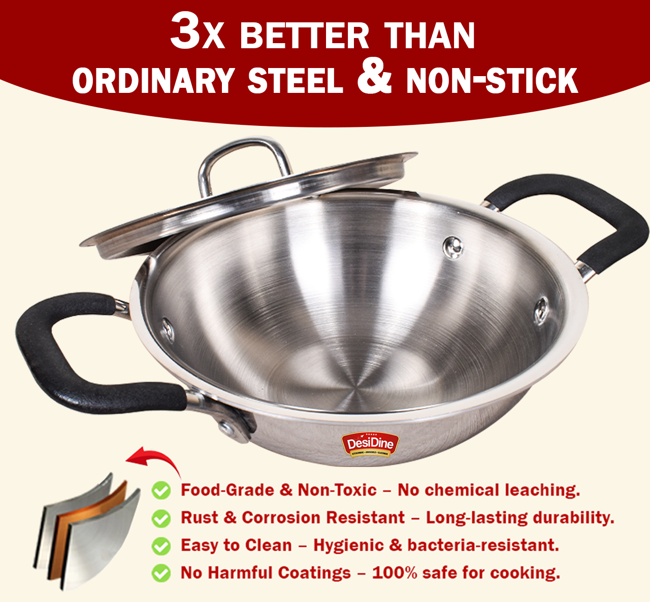 DesiDine Triply Steel Insulated Cool Grip Kadhai With Steel Lid