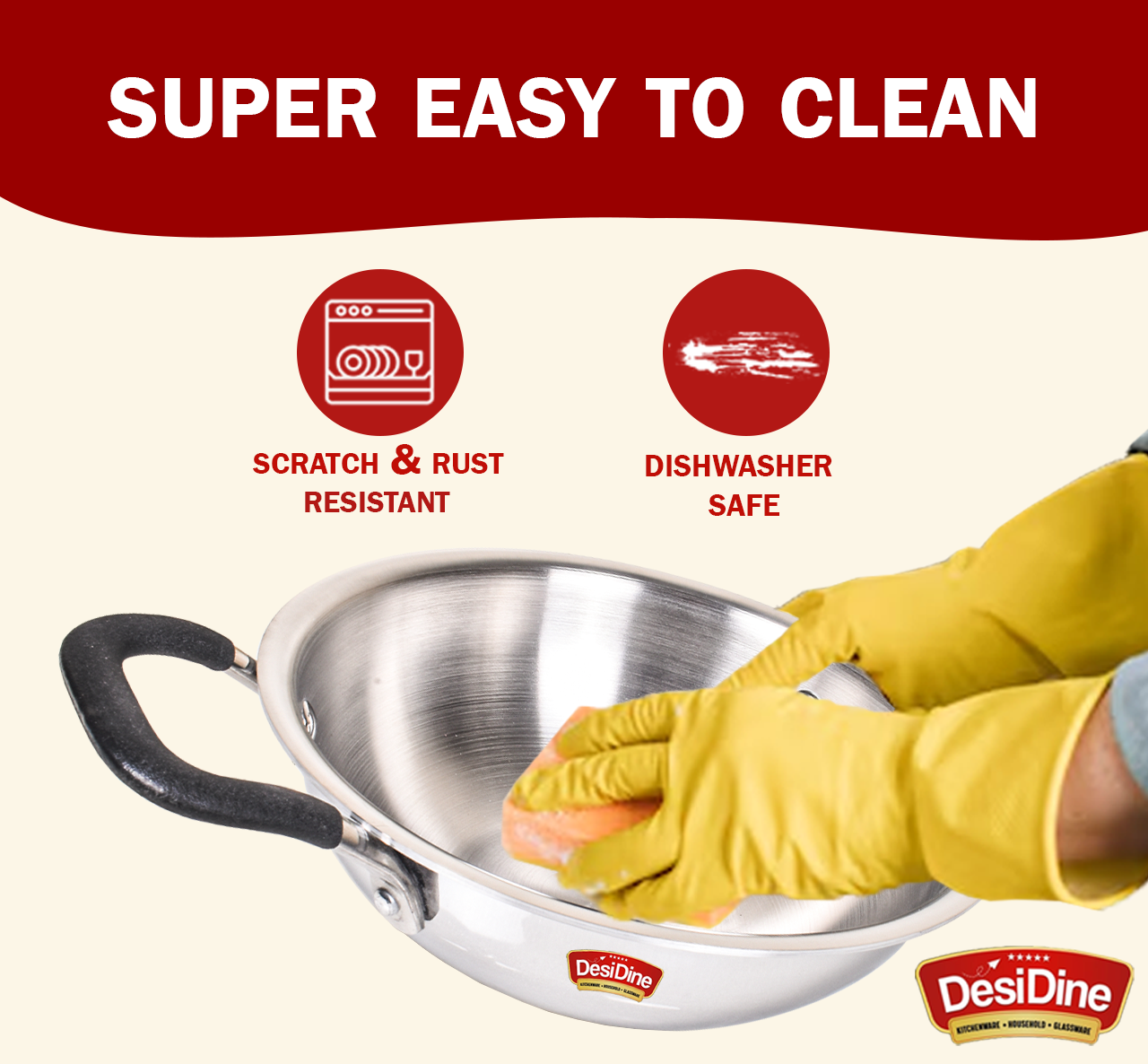 DesiDine Triply Steel Insulated Cool Grip Kadhai With Steel Lid