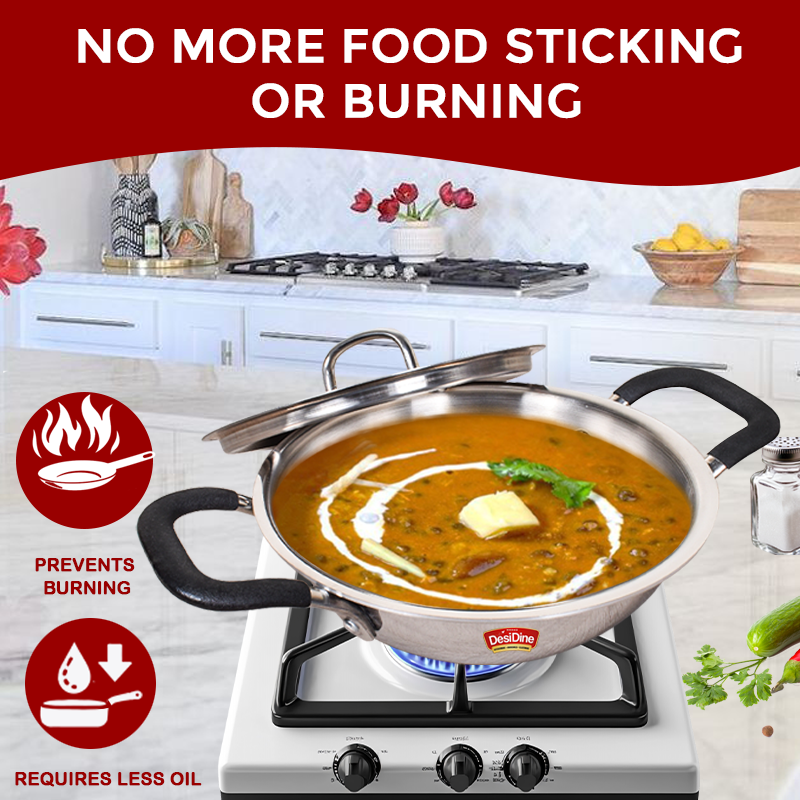 DesiDine Triply Steel Insulated Cool Grip Kadhai With Steel Lid