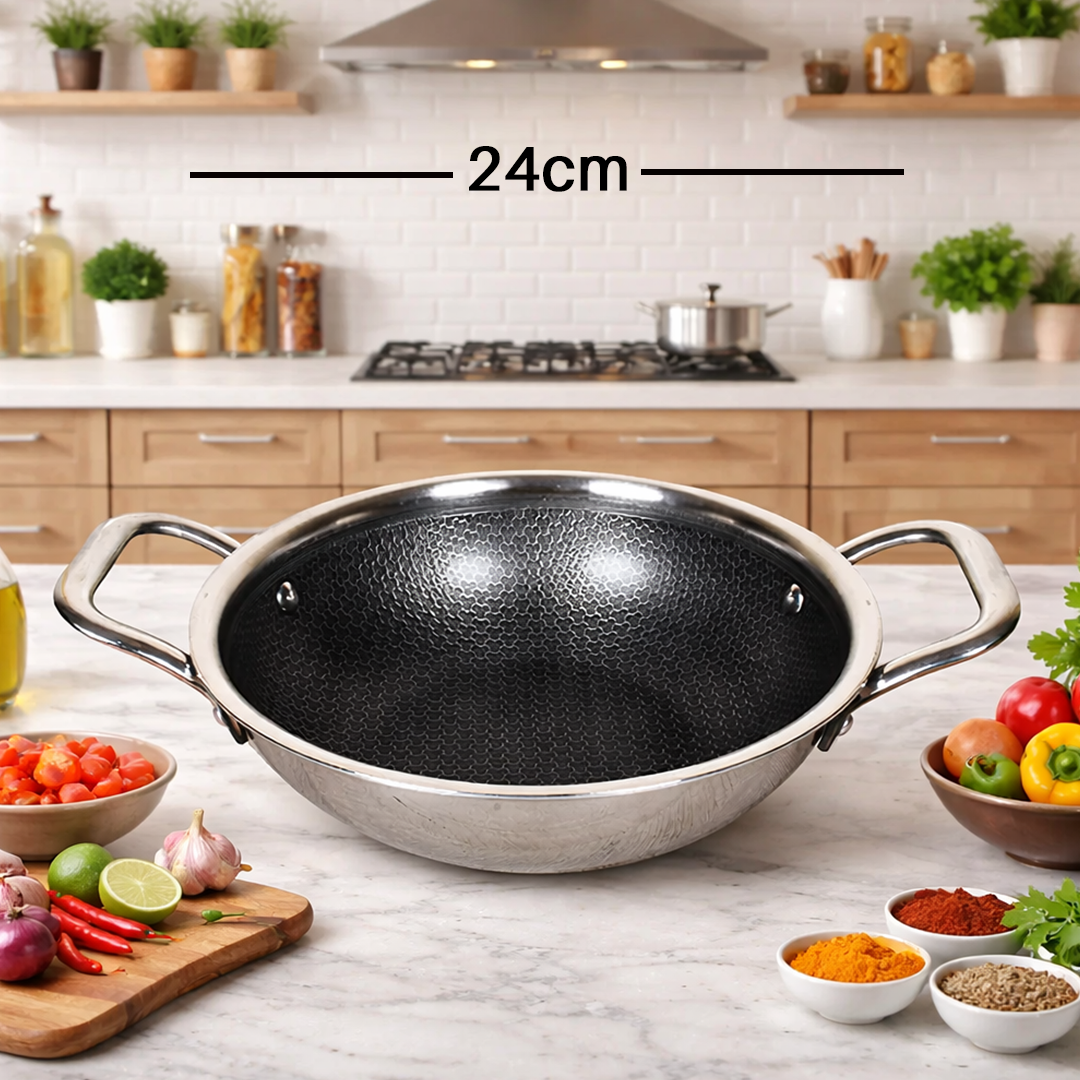 DesiDine Triply Stainless Steel Honeycomb Kadai with Glass Lid