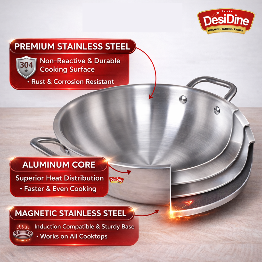 DesiDine Triply Stainless Steel Kadhai With Lid