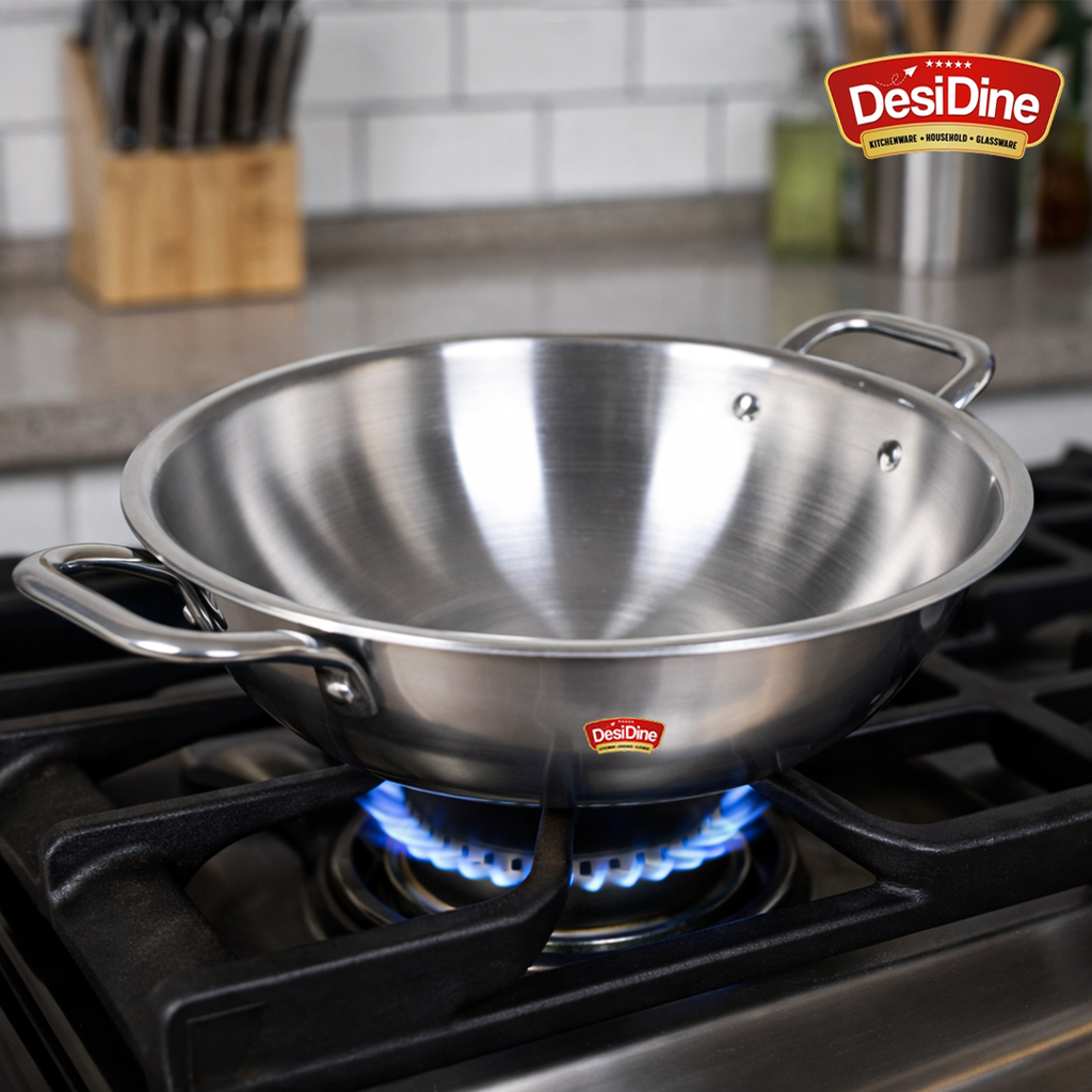 DesiDine Triply Stainless Steel Kadhai With Lid