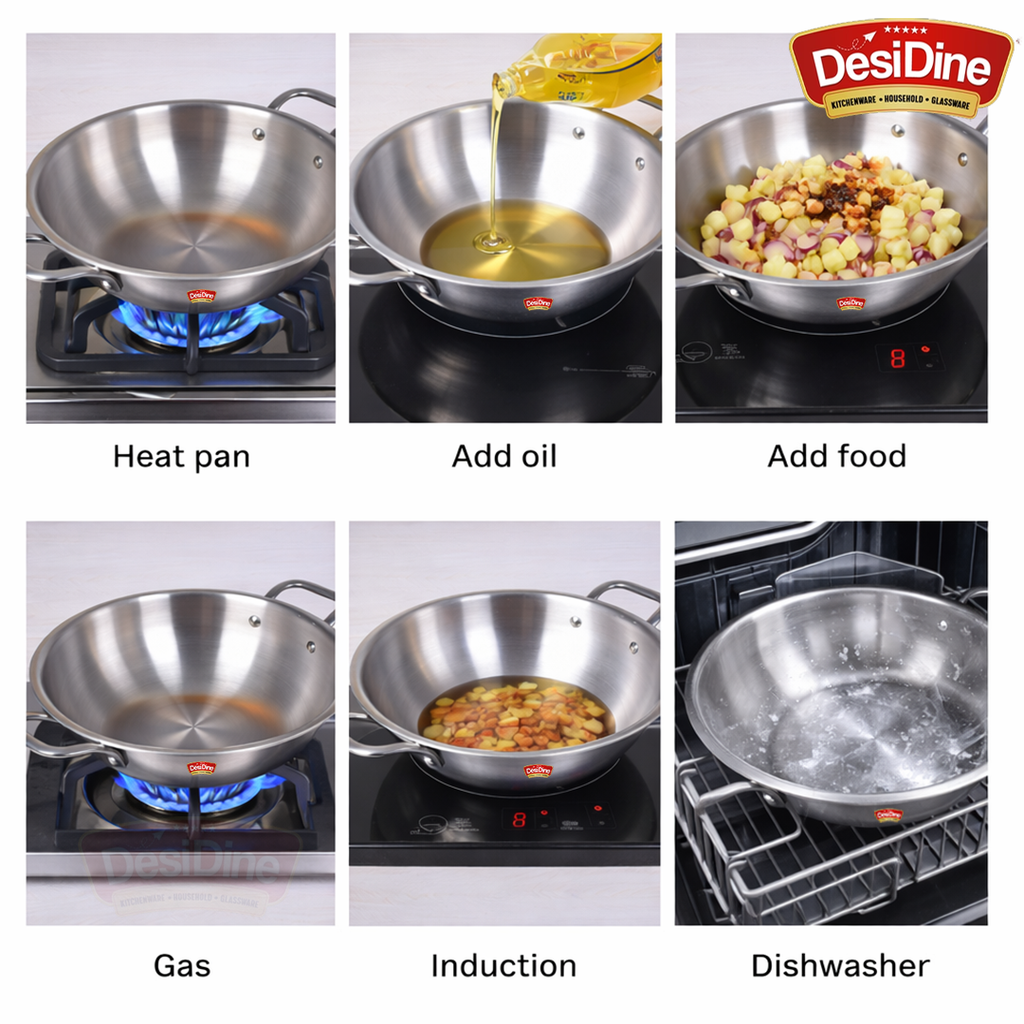 DesiDine Triply Stainless Steel Kadhai With Lid