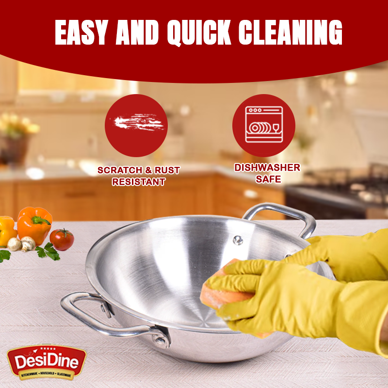 DesiDine Triply Stainless Steel Kadhai With Lid