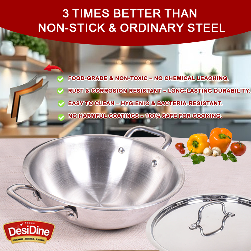 DesiDine Triply Stainless Steel Kadhai With Lid