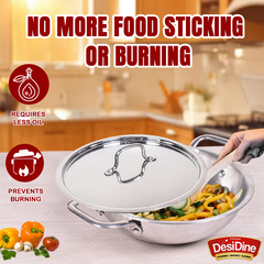 DesiDine Triply Stainless Steel Kadhai With Lid