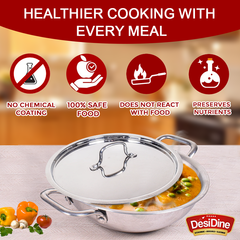 DesiDine Triply Stainless Steel Kadhai With Lid