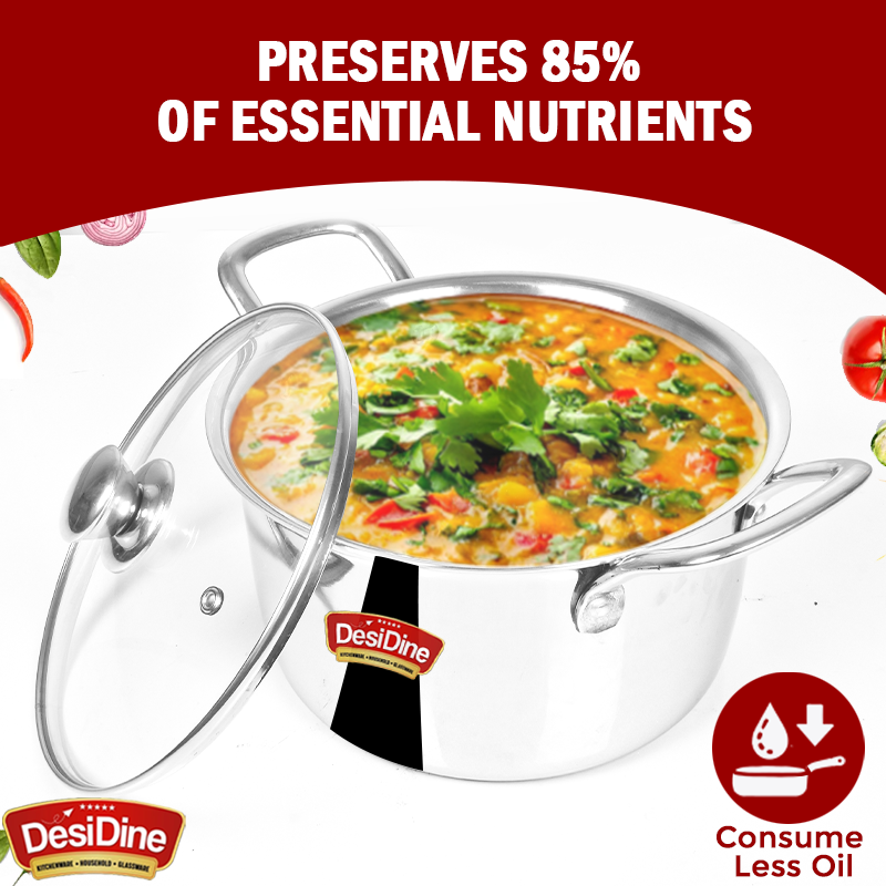 DesiDine Stainless Steel Triply Sauce Pot/ Biryani Pot With Glass lid
