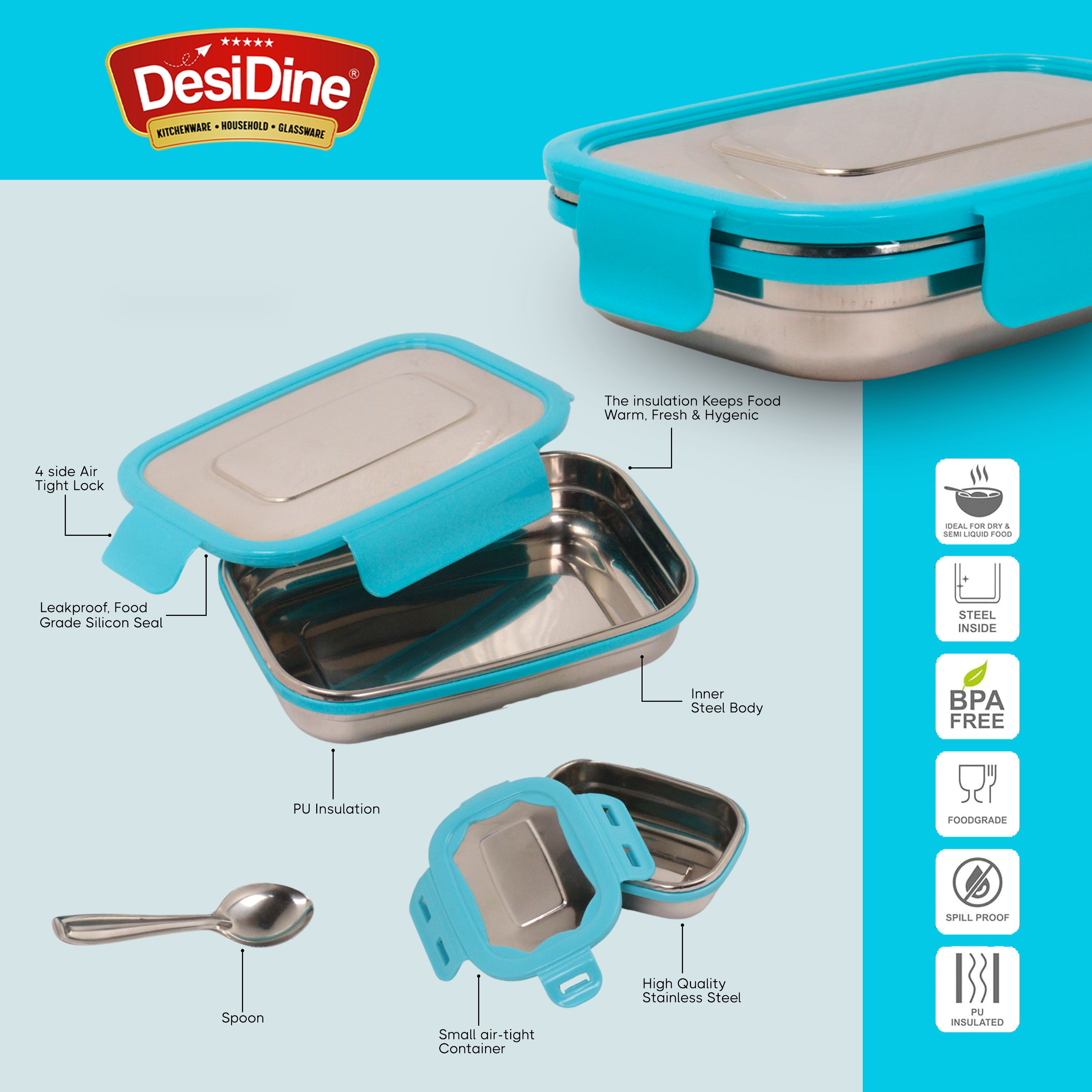 DesiDine Stainless Steel Lunch Box with 1 Small Container & 1 Spoon Ideal for Office, School, Picnic