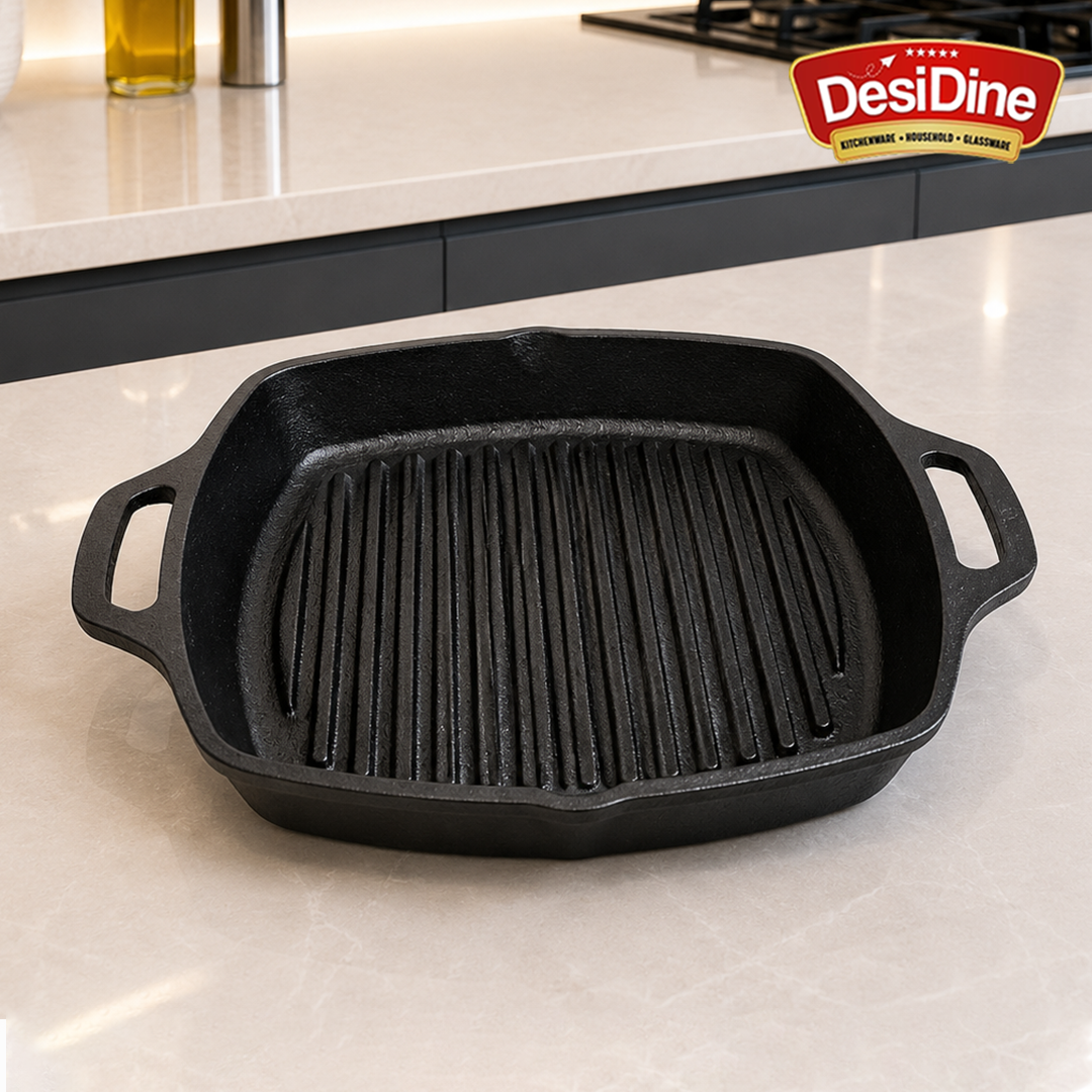 DesiDine Pre-Seasoned Cast Iron Grill Pan with Double Handle, 25 cm, 1.8 Litre, 3.5 kg, Induction Friendly