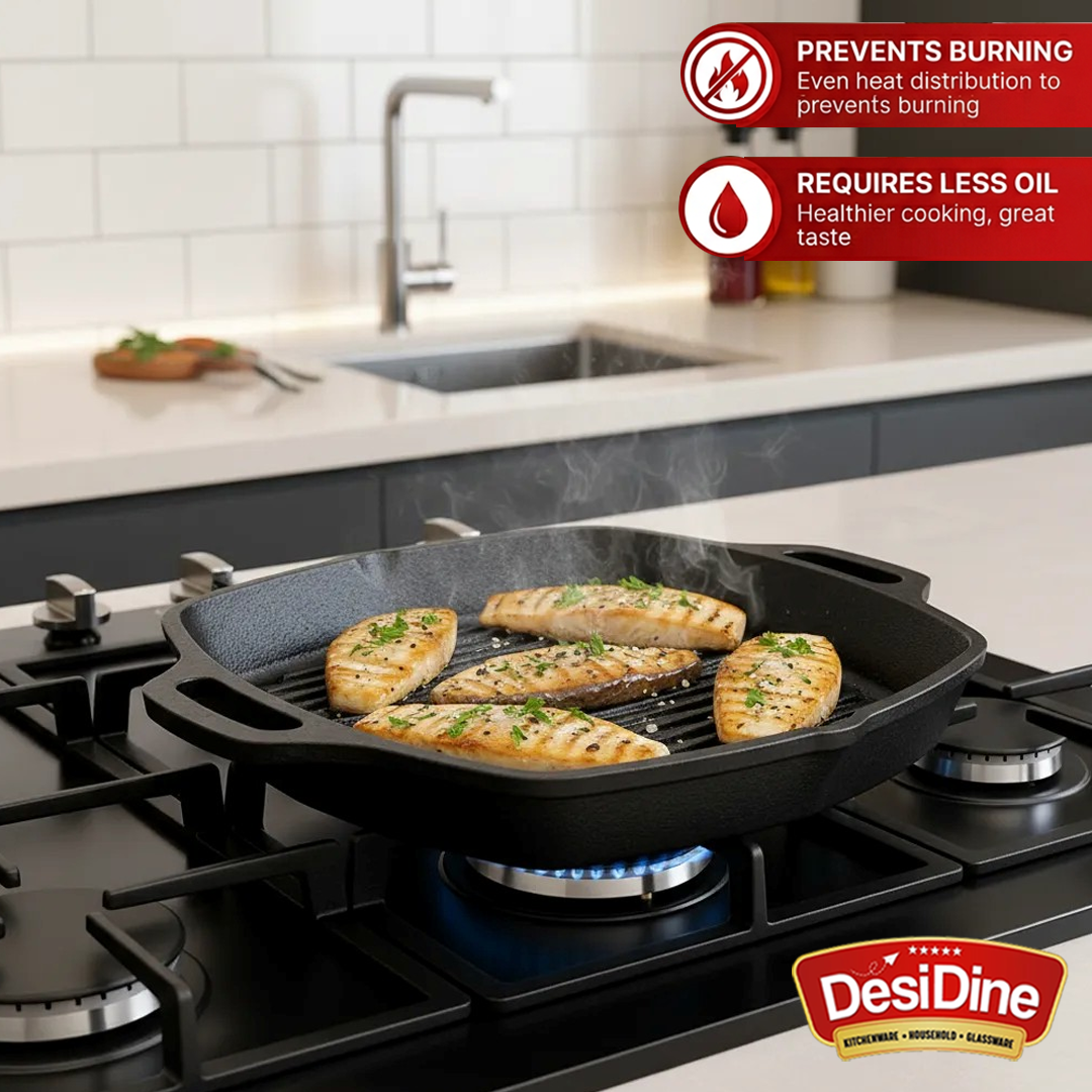 DesiDine Pre-Seasoned Cast Iron Grill Pan with Double Handle, 25 cm, 1.8 Litre, 3.5 kg, Induction Friendly