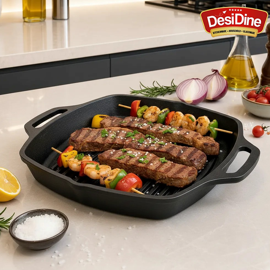 DesiDine Pre-Seasoned Cast Iron Grill Pan with Double Handle, 25 cm, 1.8 Litre, 3.5 kg, Induction Friendly