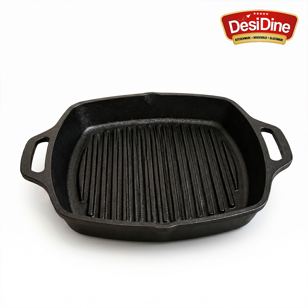 DesiDine Pre-Seasoned Cast Iron Grill Pan with Double Handle, 25 cm, 1.8 Litre, 3.5 kg, Induction Friendly