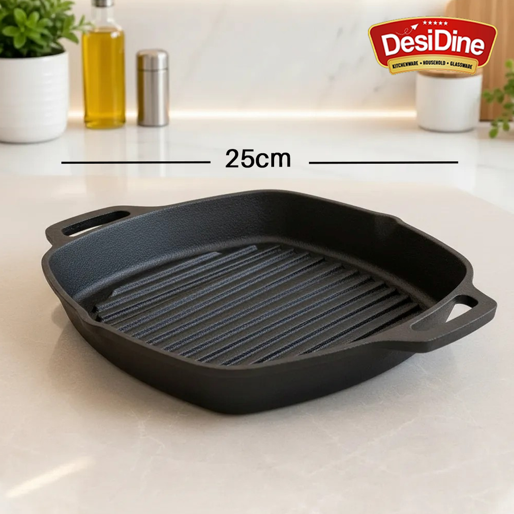 DesiDine Pre-Seasoned Cast Iron Grill Pan with Double Handle, 25 cm, 1.8 Litre, 3.5 kg, Induction Friendly