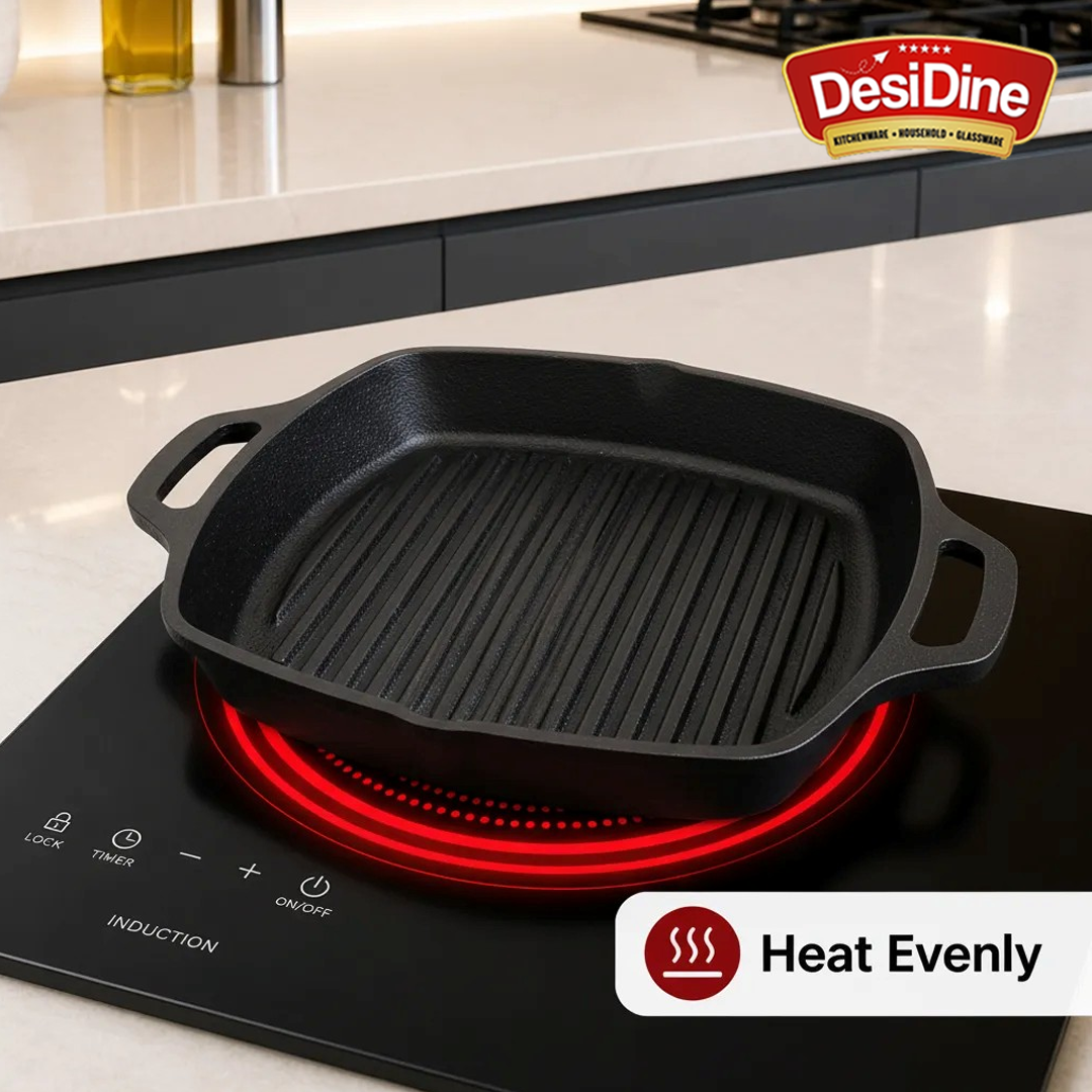 DesiDine Pre-Seasoned Cast Iron Grill Pan with Double Handle, 25 cm, 1.8 Litre, 3.5 kg, Induction Friendly