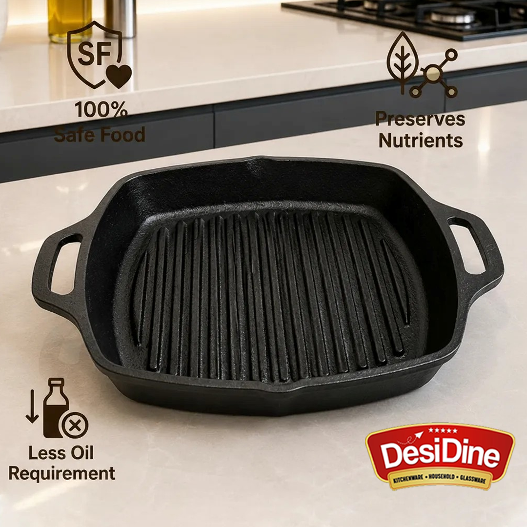 DesiDine Pre-Seasoned Cast Iron Grill Pan with Double Handle, 25 cm, 1.8 Litre, 3.5 kg, Induction Friendly
