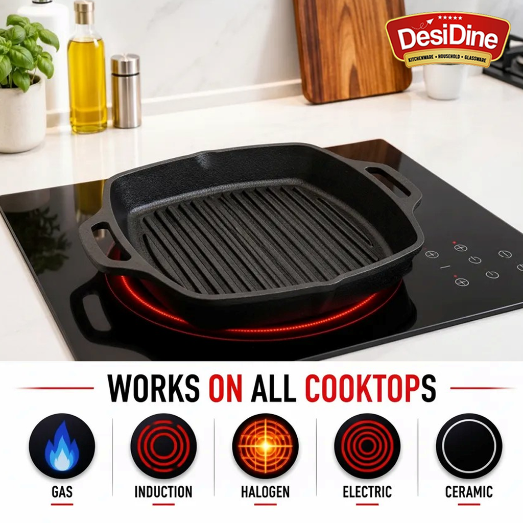 DesiDine Pre-Seasoned Cast Iron Grill Pan with Double Handle, 25 cm, 1.8 Litre, 3.5 kg, Induction Friendly