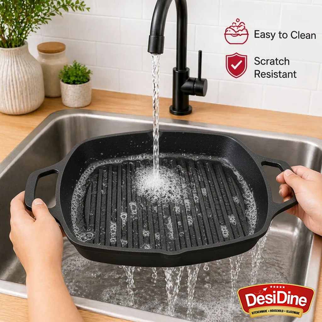 DesiDine Pre-Seasoned Cast Iron Grill Pan with Double Handle, 25 cm, 1.8 Litre, 3.5 kg, Induction Friendly