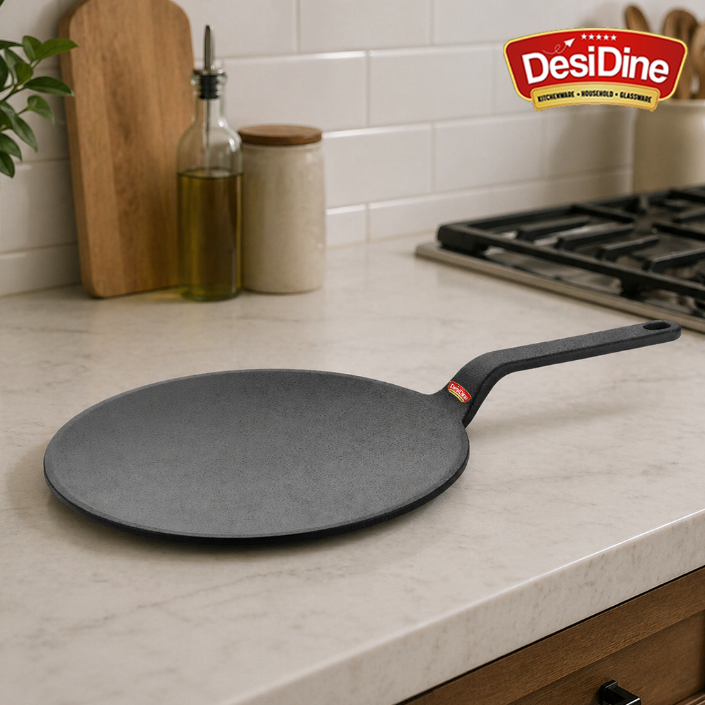 DesiDine Pre-Seasoned Cast Iron Roti Tawa with Long Handle, 10 Inches (25 cm)