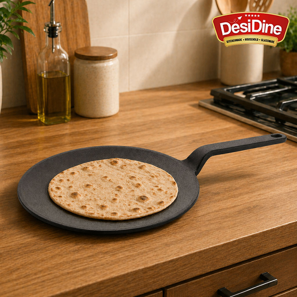 DesiDine Pre-Seasoned Cast Iron Roti Tawa with Long Handle, 10 Inches (25 cm)