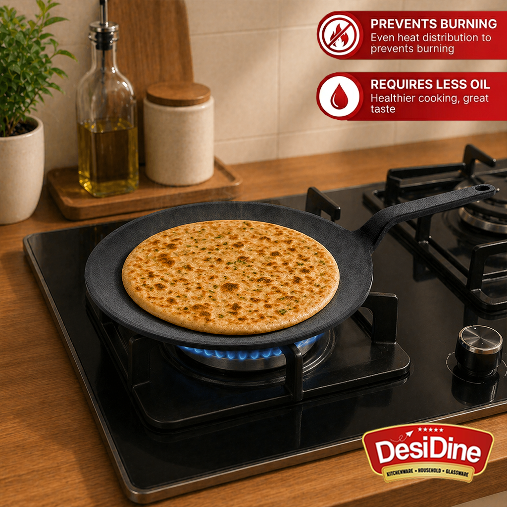 DesiDine Pre-Seasoned Cast Iron Roti Tawa with Long Handle, 10 Inches (25 cm)