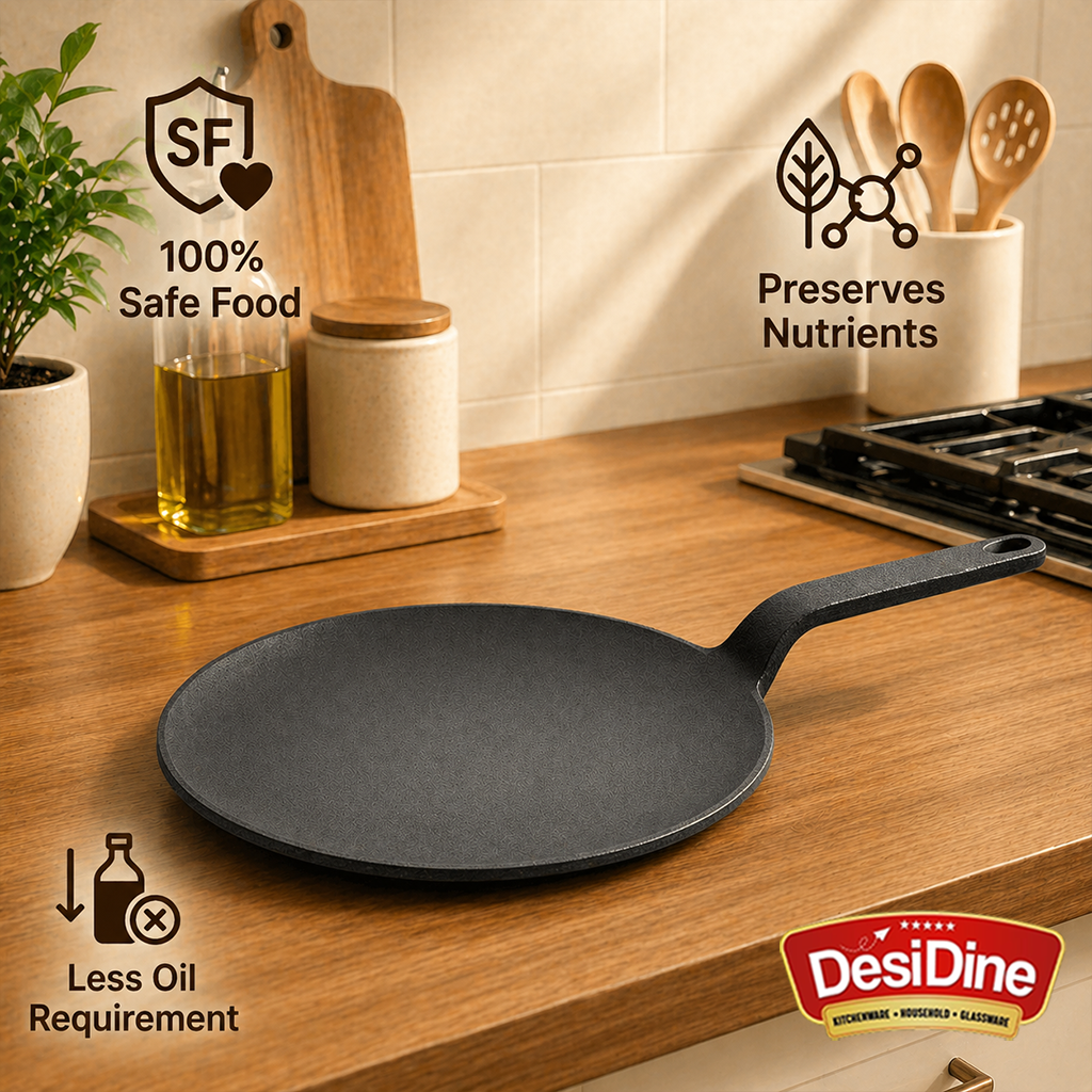 DesiDine Pre-Seasoned Cast Iron Roti Tawa with Long Handle, 10 Inches (25 cm)