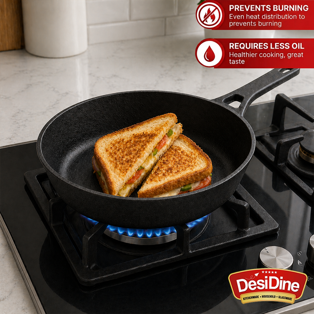 DesiDine Pre-Seasoned Cast Iron Fry pan With Silicon Handle Cover