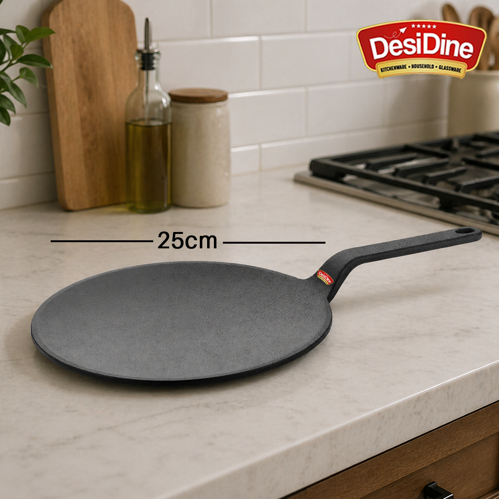 DesiDine Pre-Seasoned Cast Iron Roti Tawa with Long Handle, 10 Inches (25 cm)