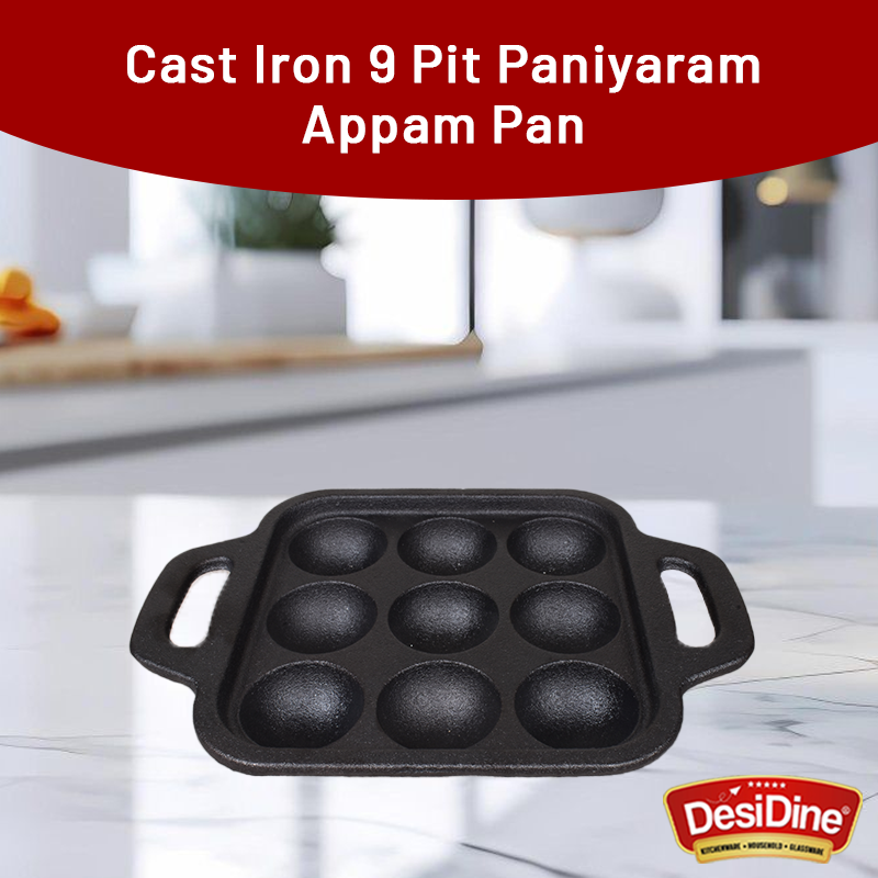 DesiDine Preseasoned Cast Iron 9 Pit Paniyaram/Appam Pan (20 cm)