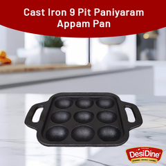 DesiDine Preseasoned Cast Iron 9 Pit Paniyaram/Appam Pan (20 cm)