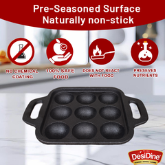 DesiDine Preseasoned Cast Iron 9 Pit Paniyaram/Appam Pan (20 cm)
