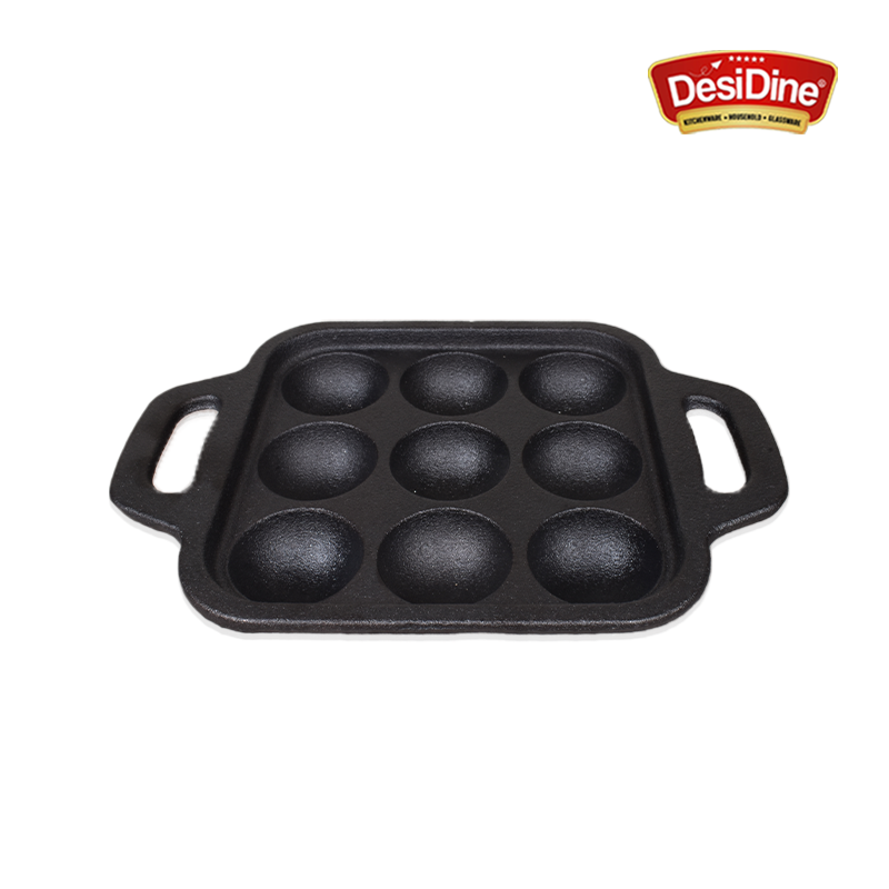 DesiDine Preseasoned Cast Iron 9 Pit Paniyaram/Appam Pan (20 cm)