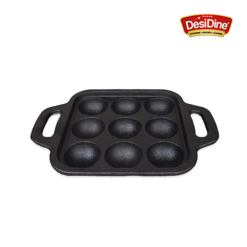 DesiDine 2 Pcs Cast Iron Combo (24 cm Frypan+ 9 Pit Paniyaram) With Silicon Handle Grip