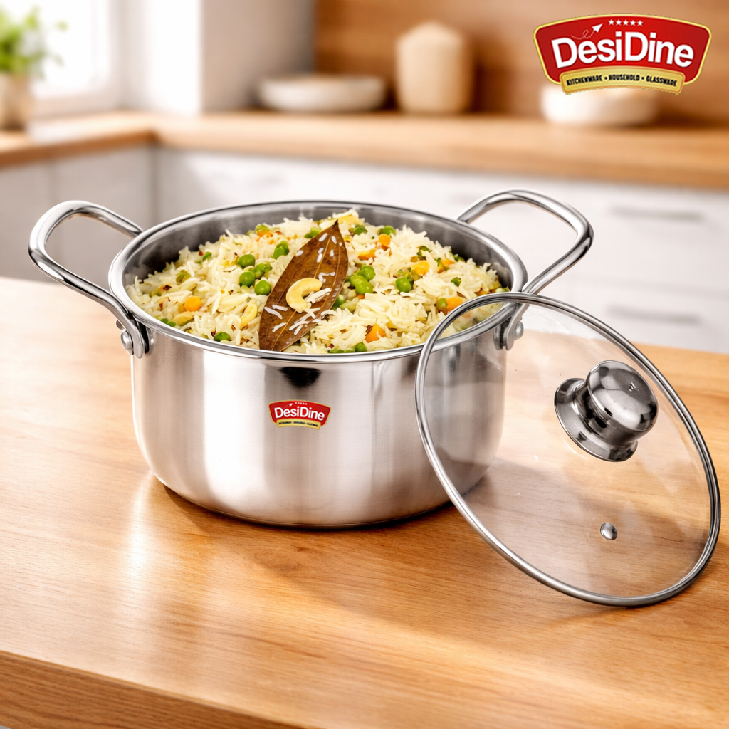 DesiDine Stainless Steel Triply Sauce Pot/ Biryani Pot With Glass lid