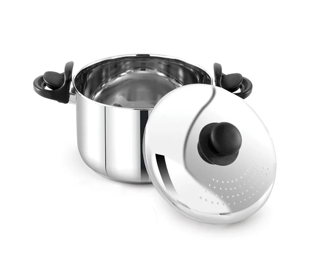 DesiDIne Stainless Steel Rice Pot with Strainer Lid & Lockable Bakelite Handles/Induction & Gas Compatible