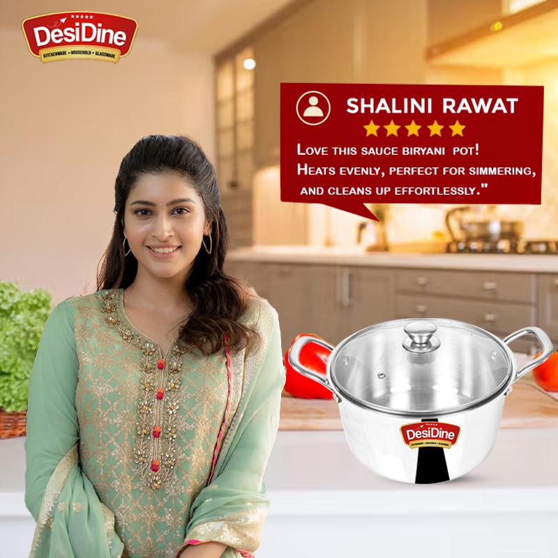 DesiDine Stainless Steel Triply Sauce Pot/ Biryani Pot With Glass lid