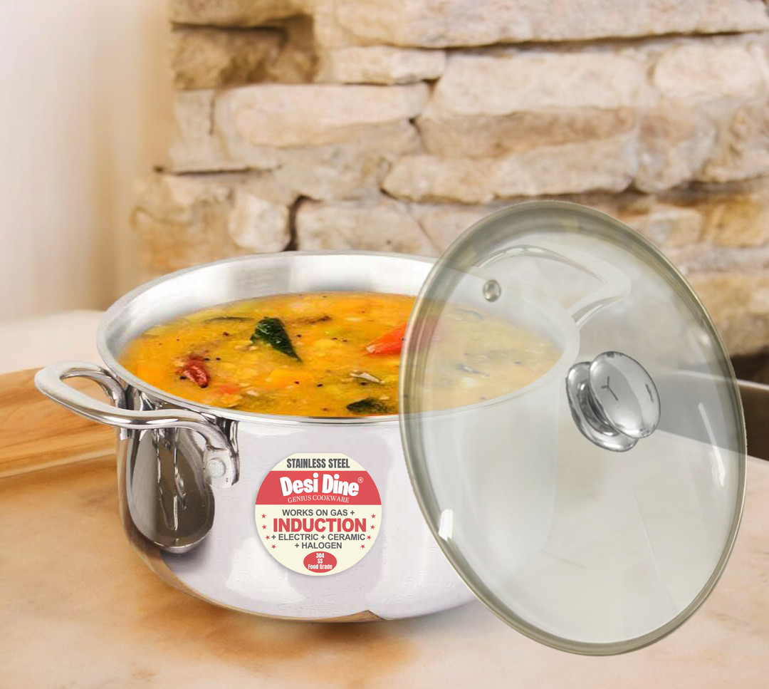 DesiDine Stainless Steel Triply Sauce Pot/ Biryani Pot With Glass lid