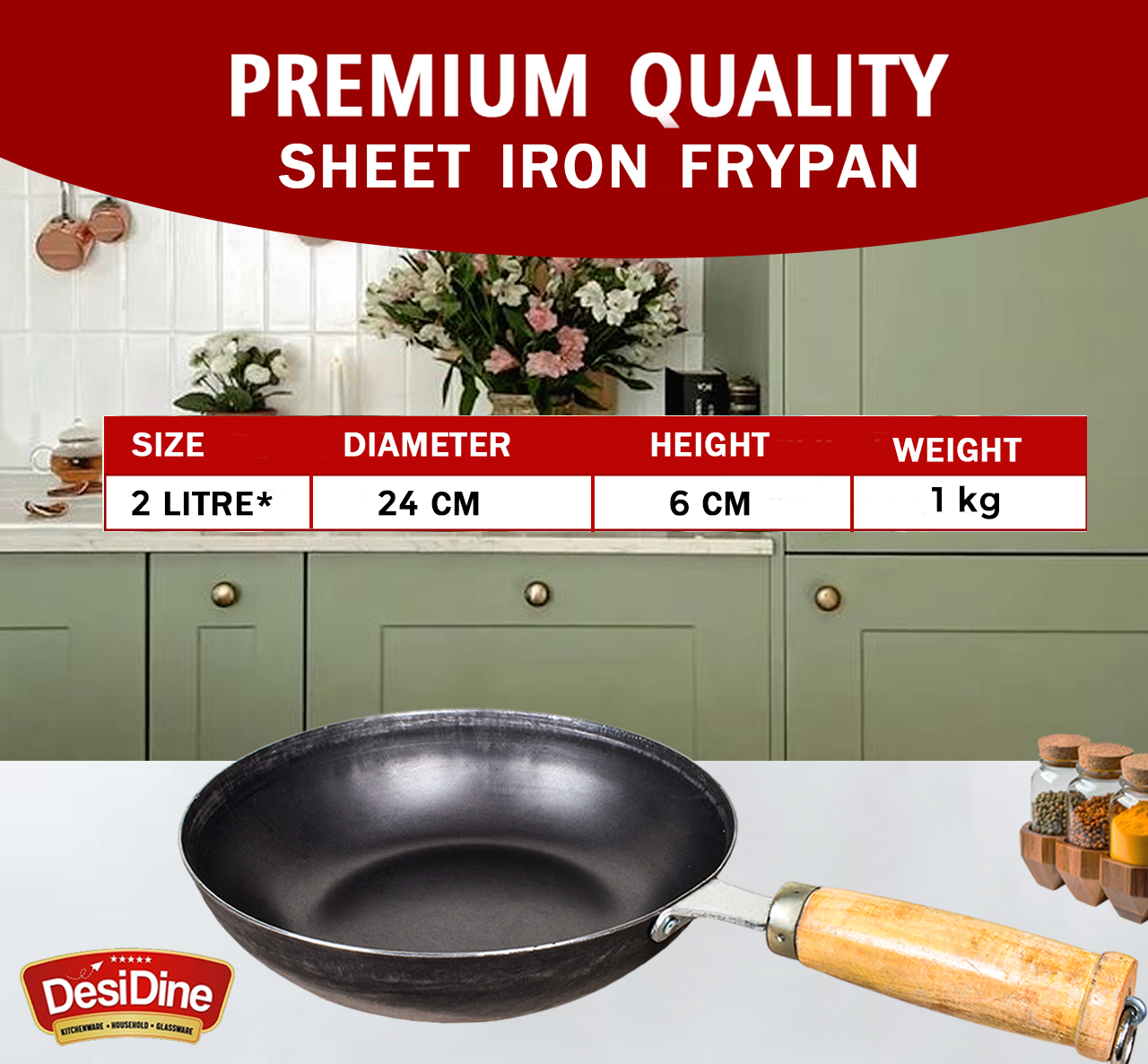 DesDine Pre-Seasoned Sheet Iron Frypan With Wooden Handle