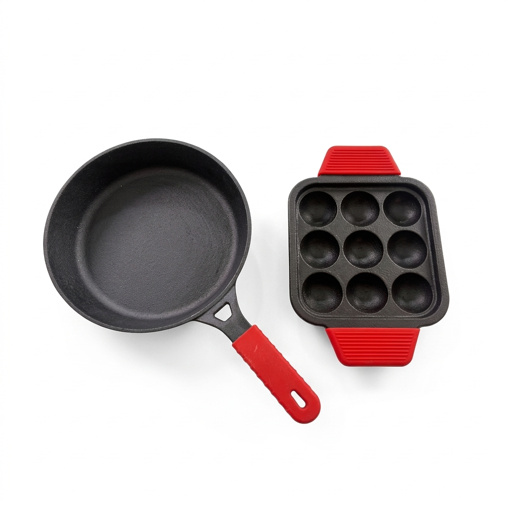 DesiDine 2 Pcs Cast Iron Combo (24 cm Frypan+ 9 Pit Paniyaram) With Silicon Handle Grip