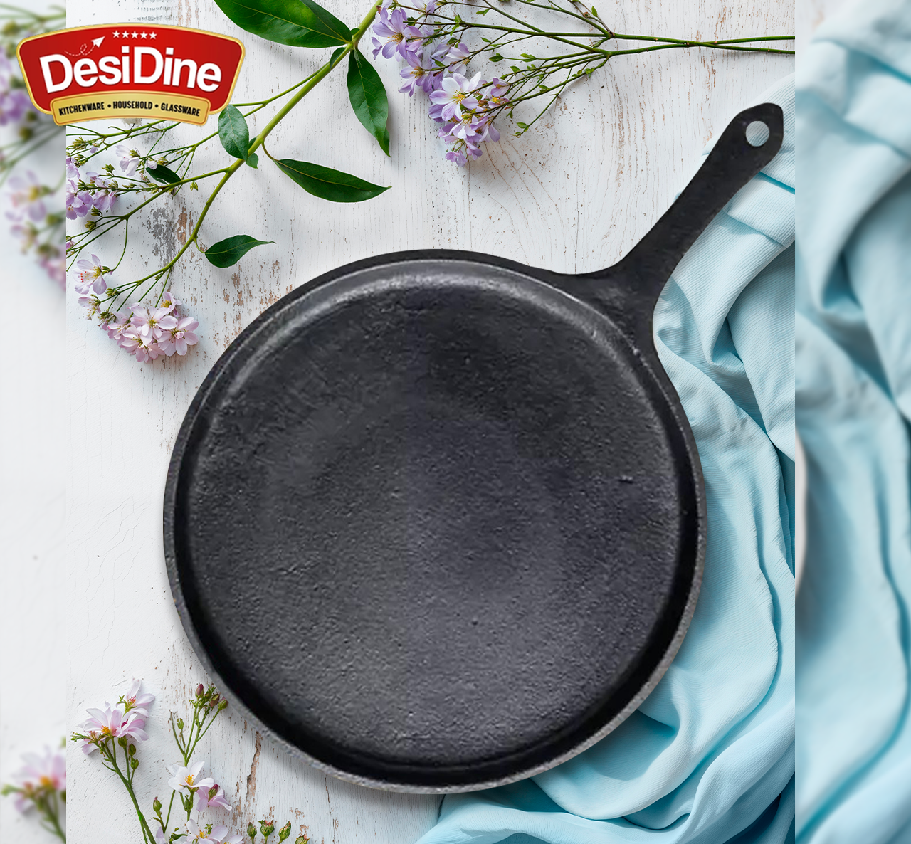 DesDine Pre-Seasoned Cast Iron Flat Roti/Chapati Tawa, 25 cm, Induction Friendly