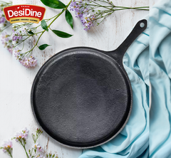 DesDine Pre-Seasoned Cast Iron Flat Roti/Chapati Tawa, 25 cm, Induction Friendly