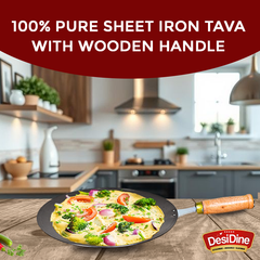 DesiDine Concave 100% Pure Sheet Iron Tava with Wooden Handle, 30 cm