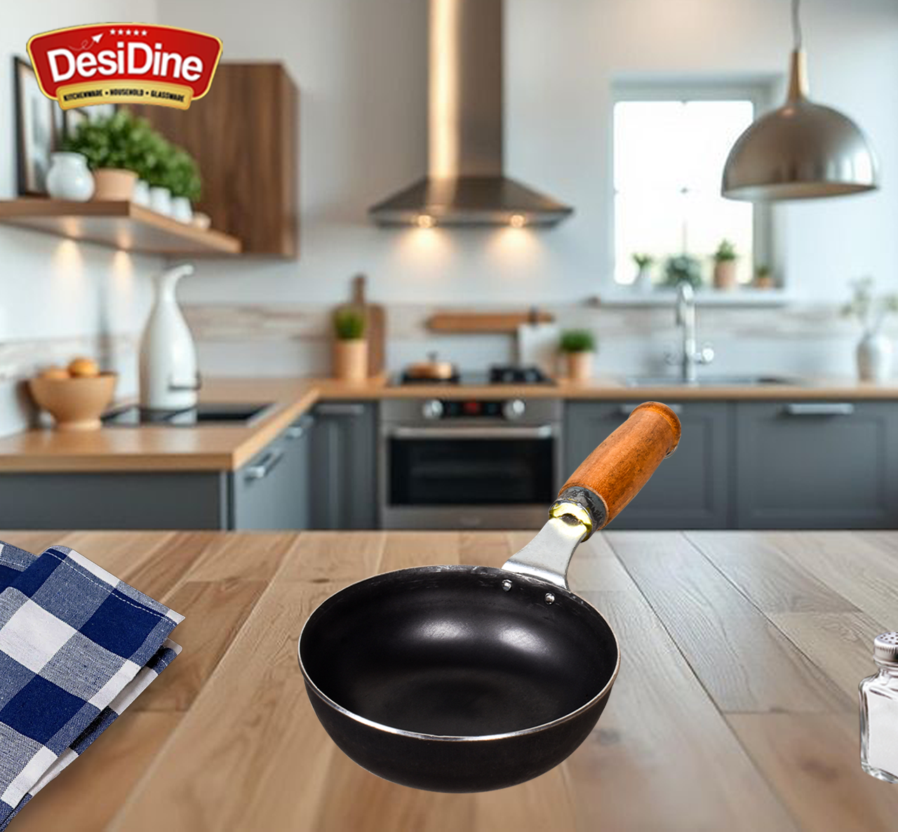 DesDine 100% Pure Sheet Iron Tadka Pan with Wooden Handle