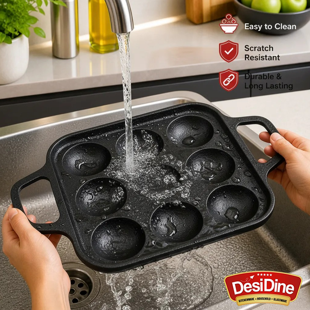 DesiDine Preseasoned Cast Iron 9 Pit Paniyaram/Appam Pan (20 cm)